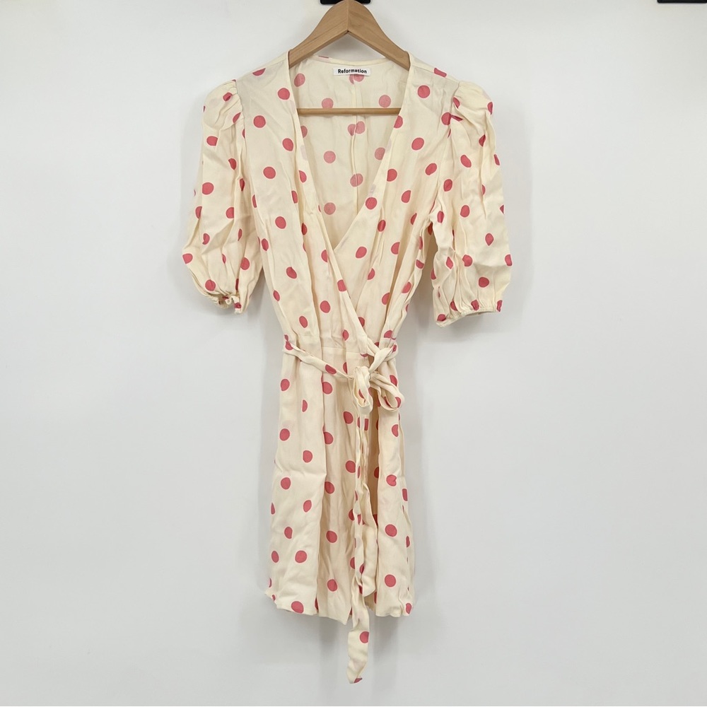REFORMATION Cream pink Polka Dot Olince Dress Mini wrap bow waist size M